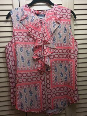 Tommy Hilfiger Paisley Sleeveless Blouse with Ruffle Tie Sz L